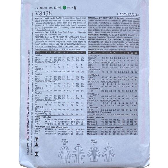 VOGUE Pattern V8438 Coat Size 6-12 Sewing Pattern UNCUT - Picture 5 of 5